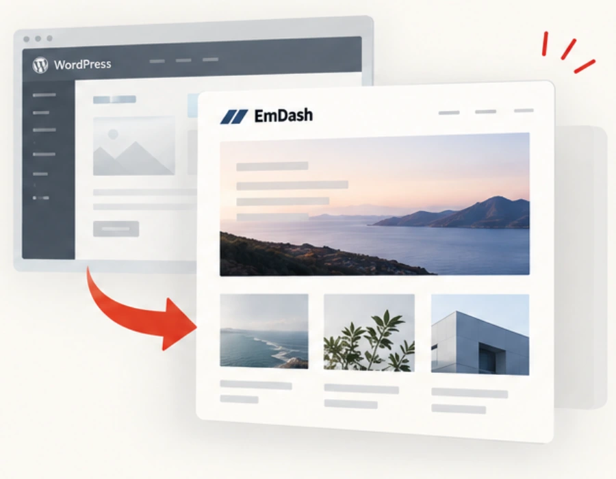 WordPressのサイトからEmDashのサイトへ移行するイメージ